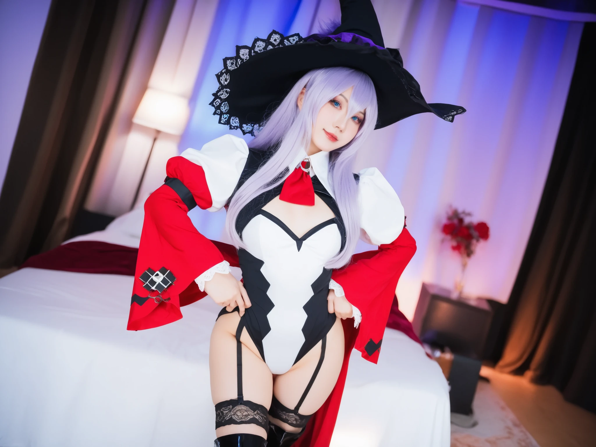 nagomis1_cnr, 1girl, light purple hair, long hair, hair between eyes, blue eyes, small breasts, witch hat, red dress, white dress, two-tone dress,white leotard, puffy sleeves, garter straps, black thighhighs, thigh boots, ela está de pé olhando de forma meiga, ela está de pé com as mãos na cintura, pele real, textura da pele, traços faciais detalhados, sardas,Ance, cosplayer