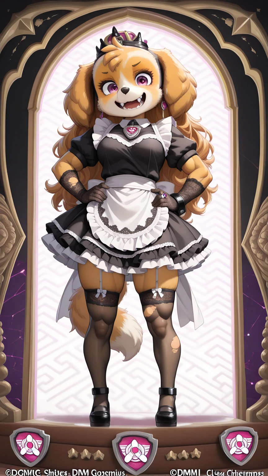 score_9, score_8_up, score_7_up, score_6_up, score_5_up, score_4_up, (solo), female anthro hyena, maid outfit, lusty, fluffy body, long blond hair, turquoise eyes, (thick thighs:1.5)((( offering the breasts))) sex partial clothes, (((cleavage)))  (barely_visible_booba) (she is standing) , giant breasts ((low angle view))