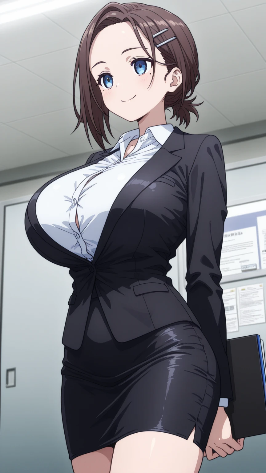 Chubby anime girl with short hair and red eyes, she wears a suit and has her suit open revealing her bra and giant ???????, Plump ???????