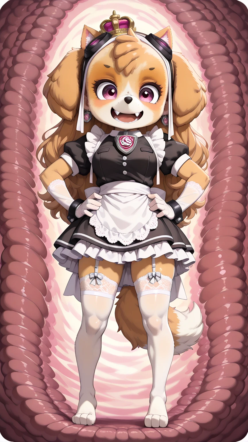 (Aoi Inuyama), (NSFW), thick eyebrows, long hair, fangs, skin fangs, brown hair), (green eyes), (side ponytail), (hair ornament), (hair bobble), (best quality), ( dog ears), (brown dog ears), (floppy ears), (Wonder Puppy Cosplay), (choker), (brown maid outfit), (fluffy clothes), (paw gloves), (brown gloves) ),(brown cufflinks),(fluffy cufflinks),(fur leg warmers),(brown leg warmers),(dog tail),(brown tail),
(crawling on all fours),
(blush), (ahegao), (climax), (futanari), (erect penis), (ejaculation), (watery eyes)