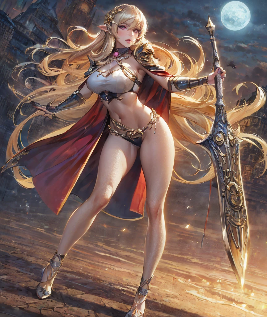 Hermosa guerrera vikinga., Espada y hacha, full body shot, 85mm, medieval times, medieval art, drybrush, leather, 3d, cinematic, hyperrealistic, photorealistism, realistic, unreal engine, northern lights background, dumb blonde, queen, white woman, warrior, cosplay outfit, viking, scandinavian architecture, vikings, ray tracing reflections   face)), ((disfigured)), ((bad art)), ((deformed)), ((extra limbs)), ((close up)), blurry, (((duplicate))), ((morbid)), ((mutilated)), (out of frame), extra fingers, mutated hands, ((poorly drawn hands)), ((poorly drawn face)), (((mutation))), (((deformed))), blurry, ((bad anatomy)), (watermark:1.2), (disfigured face and eyes:1.1),(underwear) --auto --s2