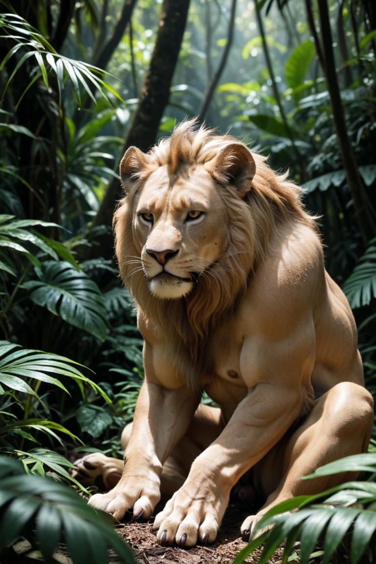 ultra-detailed, masterpiece, masterwork, high quality, best quality, hdr, (nature), nsfw, male, solo, lion, ((nude)), (little body lion), (long hair, yellow eyes), squatting, dynamic angle, (foreskin, perfect balls), public hair