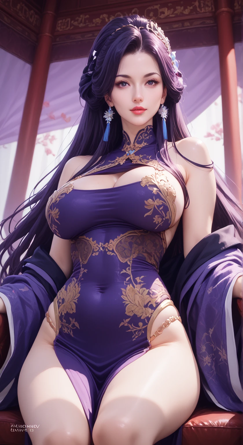 "1 beautiful girl in traditional dress, ((wearing a sexy, ultra-transparent purple cheongsam:2)), ((see-through cheongsam:2)), black on the chest and yellow border, long black hair with a light purple, ((most beautiful and detailed hair jewelry:1.8)), Super cute little face Extremely beautiful face, thin eyebrows, the most beautiful and flawless face, ((black eye pupil:0.8)), very beautiful eyes, ((black and light purple eyes:0.5)), hairy beautiful and detailed makeup eyelashes, high nose, earrings, thin lips, ((light pink lips:-1)), ban on laughing, beautiful lips, slender arms, The most beautiful thighs, healthy limbs, rosy face, clean face, beautiful face without blemishes, smooth white skin, ((super tight and round breasts: 1.8)) cleavage, beautiful breasts, ((put the girl's arms behind her back:1.8)), (((portrait body of a beautiful girl:0.8))), ((looking straight at the girl's body:1.8)), 8k photo, super high quality, super realistic, 10x super pixels, actual photo, dark studio, border light, two-tone lighting color, (high detail skin: 1.2), 8k ultra, soft light, high quality, volumetric light, candid, Photo, high resolution, light, best photo, 4k quality, 8k, bokeh, Smooth and sharp, 10x pixelated, ((royal bedroom:1.8)), aurora, lightning, super graphics, most realistic graphics, alone, solo, Extremely sharp, surreal image, (((frontal portrait:1.6)))