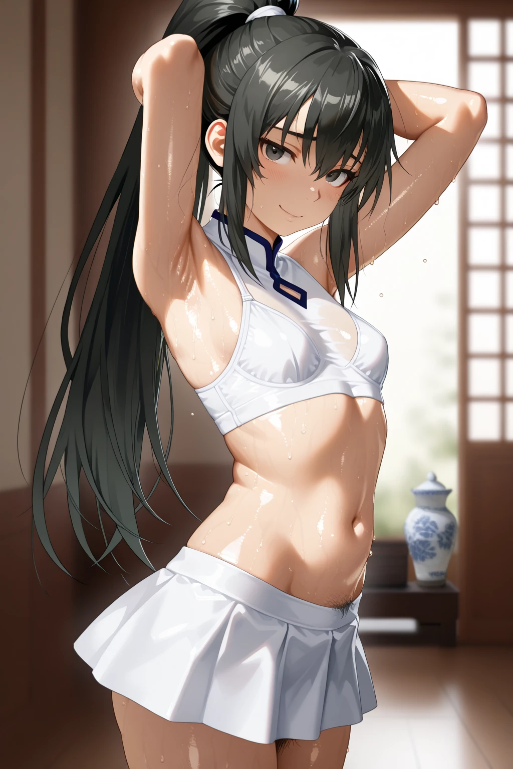(perfect anatomy,highest quality、ウルトラ - High resolution、High resolution、Highly detailed CG、8k unit wallpaper),cowboy shot,portrait,1 female,alone,20 year old beauty,Japanese,((detailed and beautiful eyes)),brown eyes,smile,,brown hair,long hair,bangs,((short black cheongsam、sleeveless、deep slit,perfect panties)),Natural light、