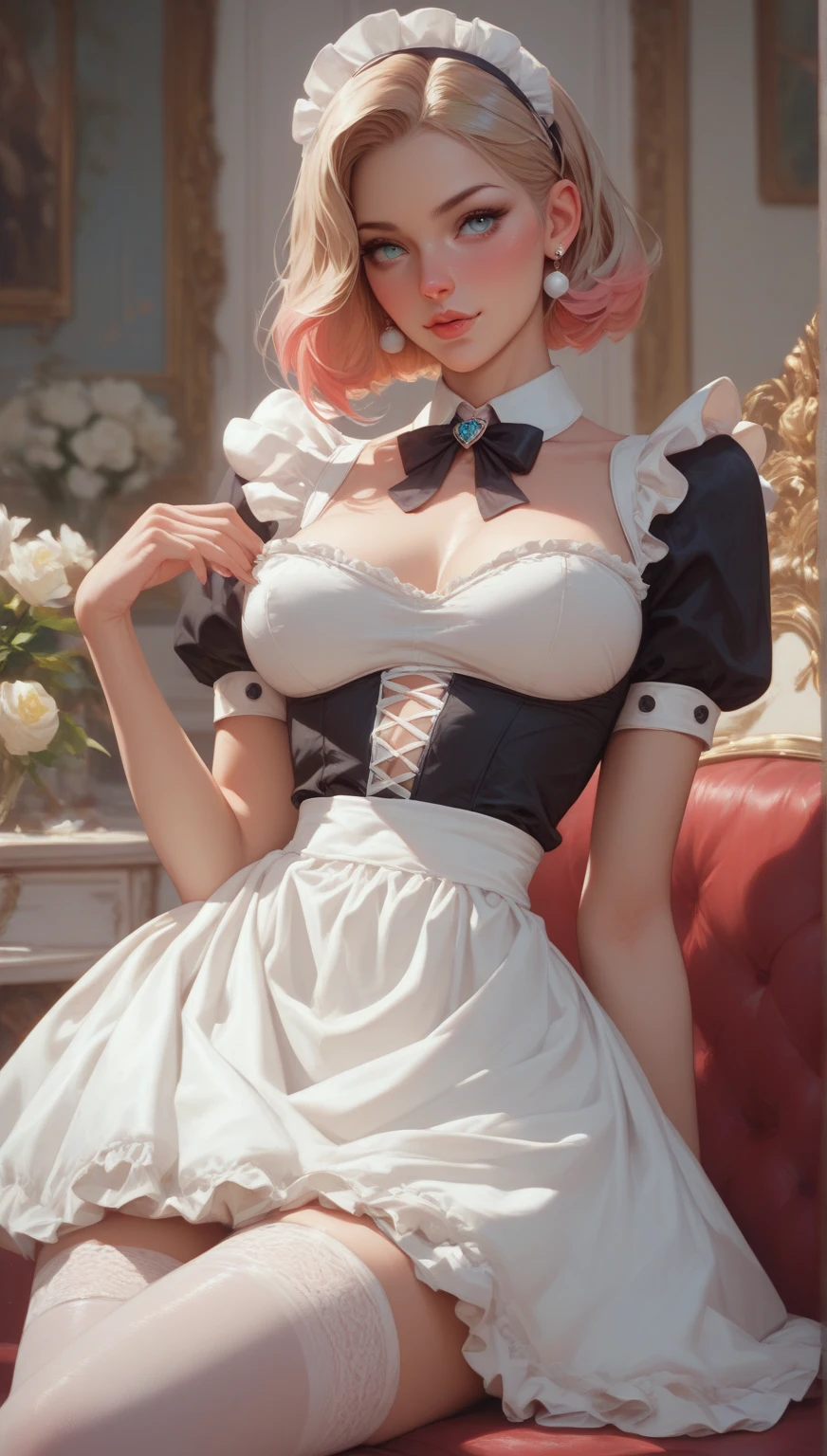 , ((((masterpiece, best quality, high resolution)))), Extremely detailed 8K, Beautiful maid girl with voluptuous body, (Ultra HD, Ultra-detailed, Highly detailed, Highly realistic, Ultra-realistic, photograph realistic), (Realistic red hair), (short wavy hair, bob cut, earrings), (???? poses), facing at camera, looking at viewer, (embarrassed, smile), ample cleavage, (round and firm breasts), (beautiful detailed face, aroused expression, seductive look, lustful eyes, flushed cheeks, parted lips, beautiful detailed eyes), (((naughty maid outfit))), (((macro skirts))), sweat, (sunbeam, sunlight), seductive, naughty