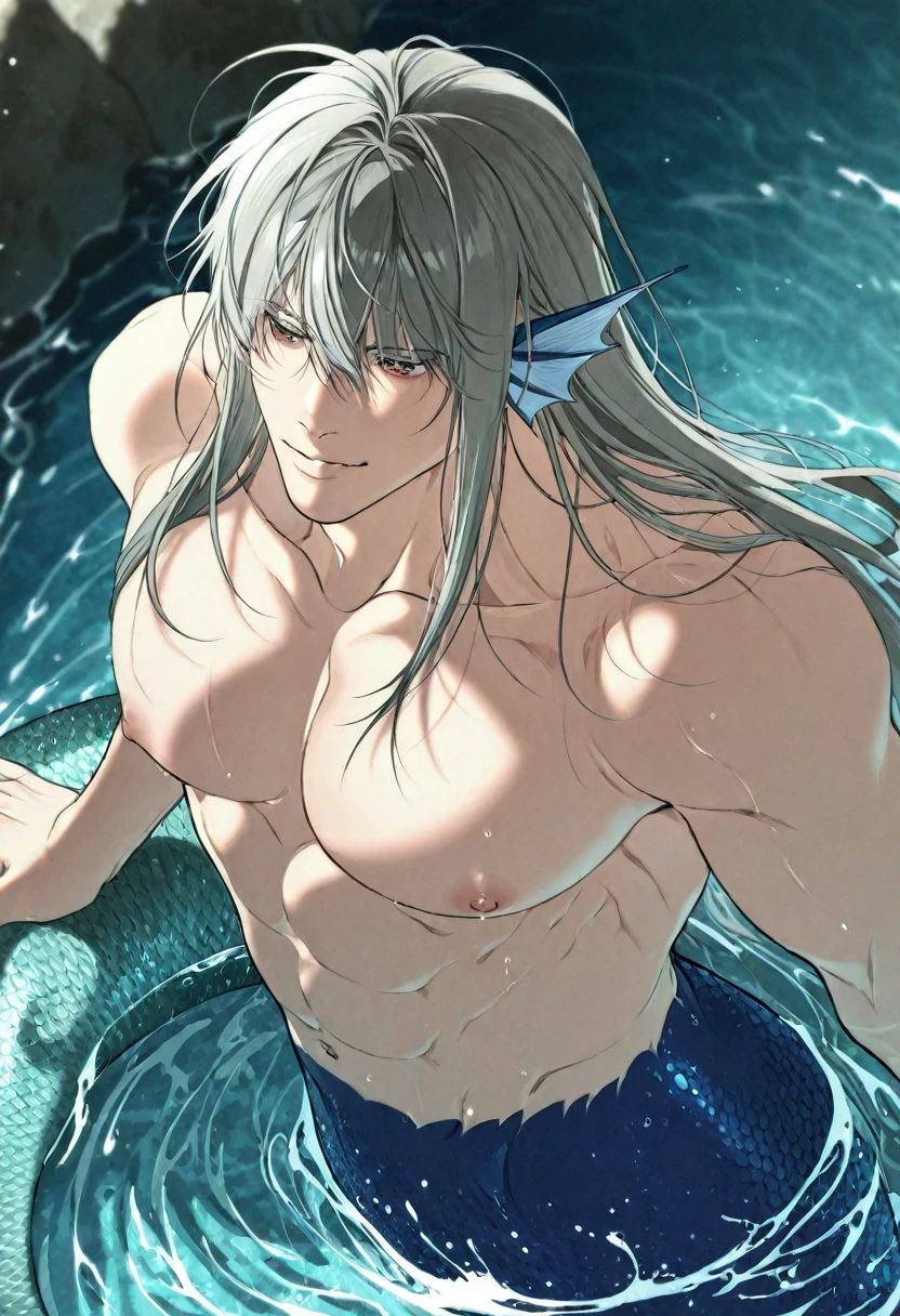 1 male, high resolution 8k, adult, handsome, perfect face detail, detailed eyes and face, clean shaved, sixpack realistic, white eyebrow hair, white eyelashes, dynamic lighting, unreal engine, hd picture, satoru gojo, Jujutsu kaisen, white hair, short hair ,hair between eyes ,blue eyes, white skin, round buoy, water details, wolf ears