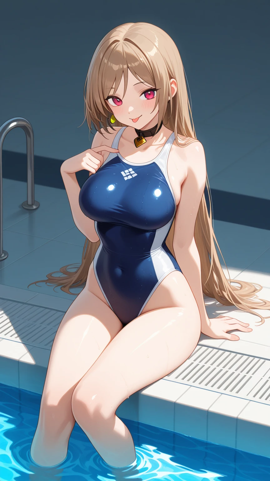 (Perfect Anatomy, Balanced ratio, very cute illustration:1.1), Poolside, Open your mouth、blonde, blue eyes, Wavy long hair, ponytail, Half-cut bangs,(Beautiful breasts、Saggy breasts)、 (Place your arms behind your head, Underarm),  (Embarrassing), (Gorgeous idol costume swimsuit with attention to detail), Baby Face, (girl:1.5), (Cute round face),