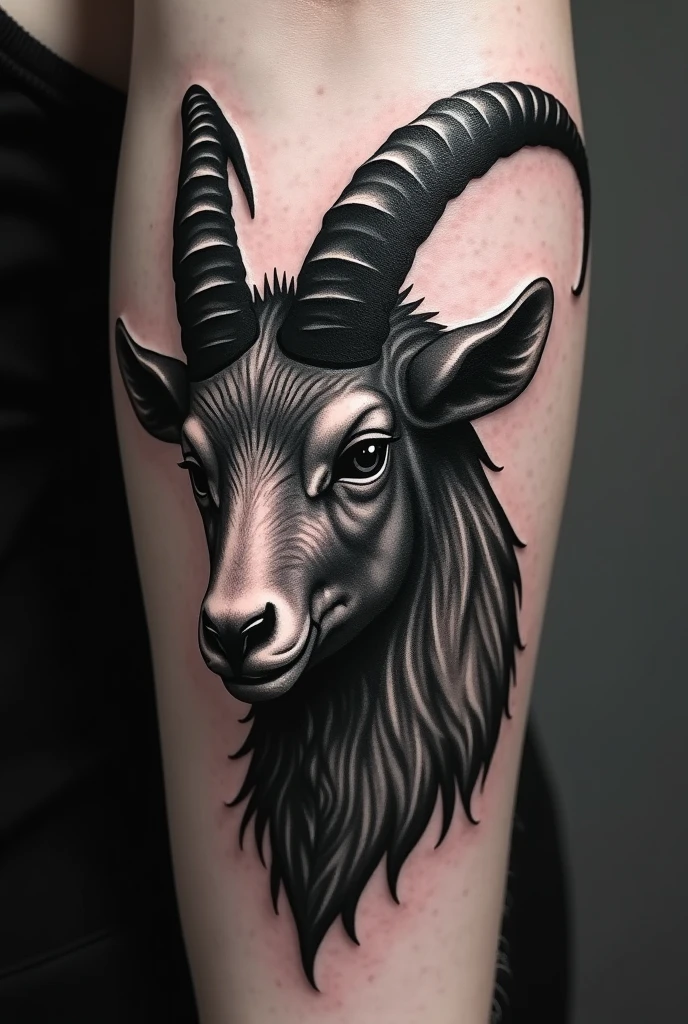 Make me a female tattoo that will be on the thigh with the following information : ram head, the horns in Capricorn and between the two eyes the symbol of Sagittarius 