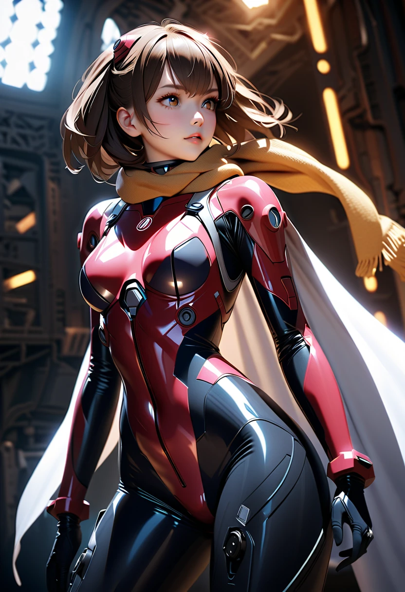 Hyperrealistic masterpiece brunette short hair ((with glowing colorful fringe)) Superheroine in detailed tight plugsuit ((with white cape)) in Bloodbourne style, cinematic illumination : Black Ink Flow: Ultra HD