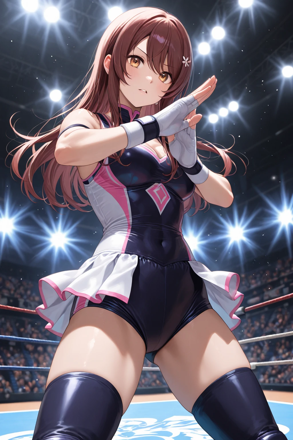 top-quality、extremely delicate and beautiful、Soio、Soio、8-year-old little girl、japanes、Lori、Chiquita、noble、elementary student、A dark-haired、((Pink leotard))、(highleg)、Tiara on the head、A triumphant smile、is standing、Facing the front、Raise your right hand high、The background is professional wrestling、spectator seats