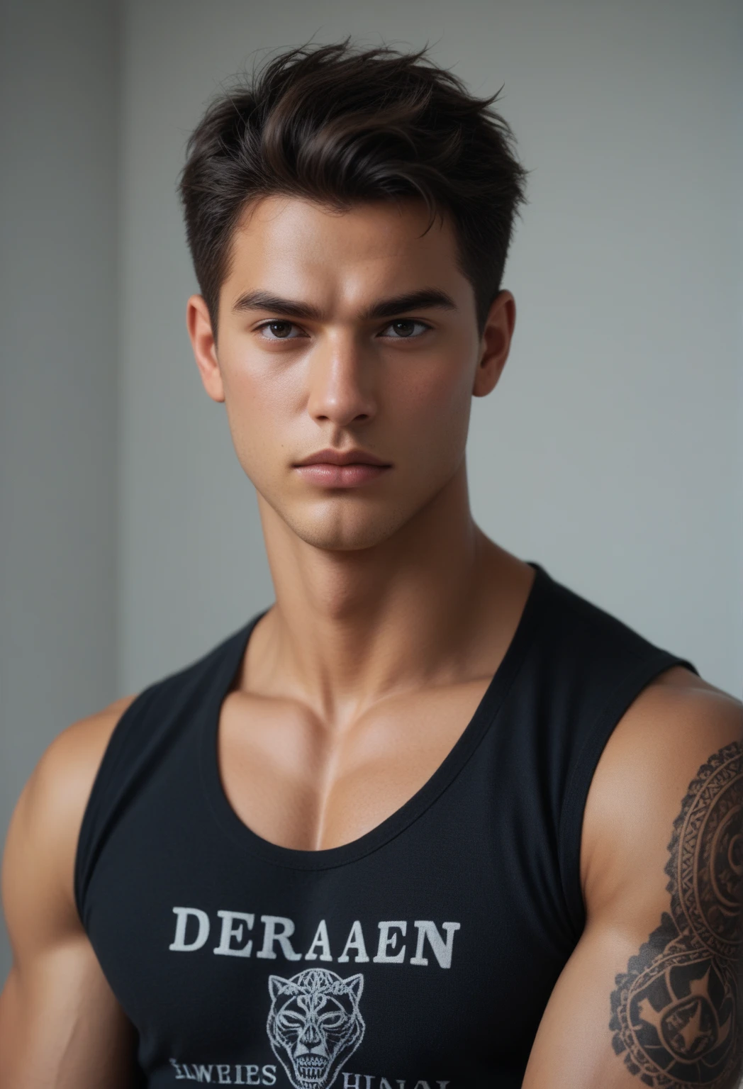 (best quality: 1.5), (Masterpiece: 1.5), Chest and face, (very high detailed: 1.5), (4k : 1.5), 1boy, (21 years old: 1.2), dramatic lighting ,(most beautiful white boy: 1.6), (tall boy: 1.3), (seductive eyes: 1.4), (very short hair: 1.4), (wear tank top men: 1.4), (earrings: 1.4), (wide lips: 1.5), (perfect photography: 1.4), (Proportionate  nose: 1.4), (model boy: 1.5), (soft skin: 1.5), Body hair.