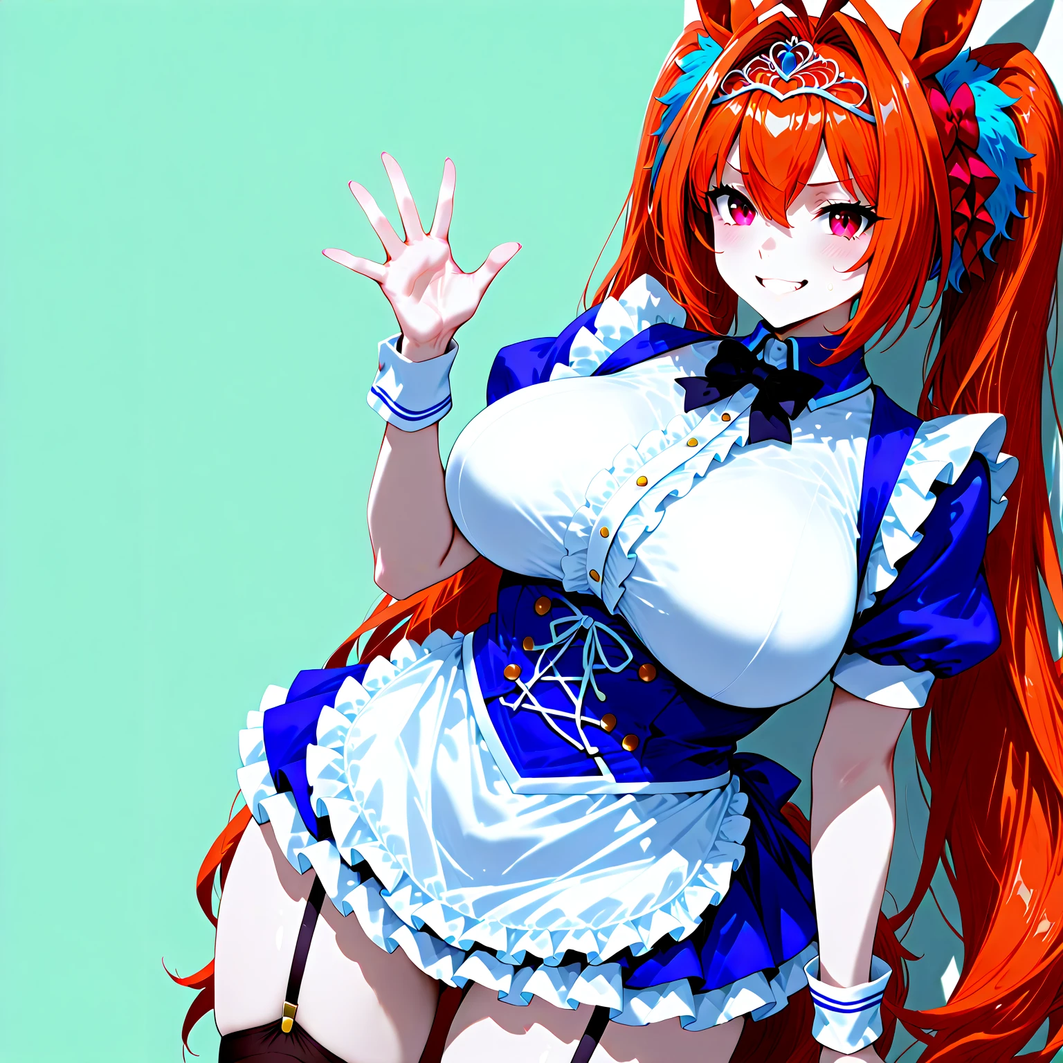 1girl,black background,looking at viewer,from below,POV,
<lora:alisa southerncross e1:0.8>,alisa southerncross,orange hair,red eyes,animal ears,twintails,cat ears,hair ornament,fake animal ears,skirt,pantyhose,black pantyhose,huge breasts,