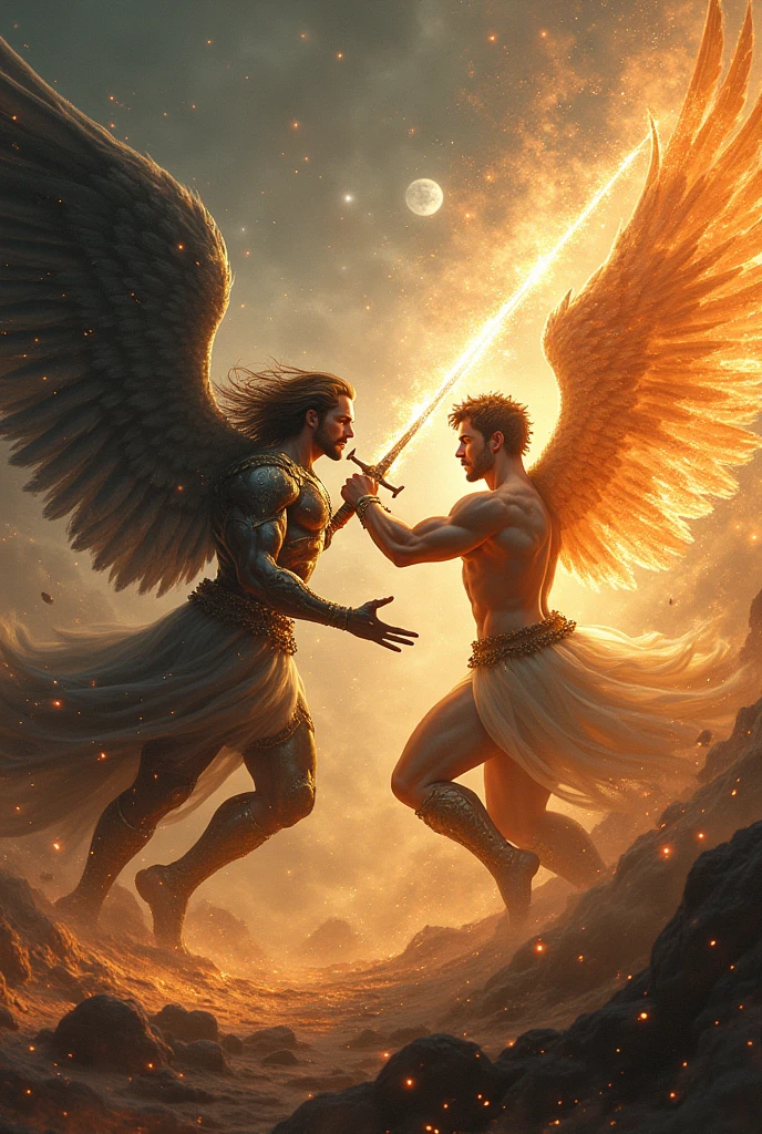 A strong male angel and male devil fighting with swords while flying through the sky