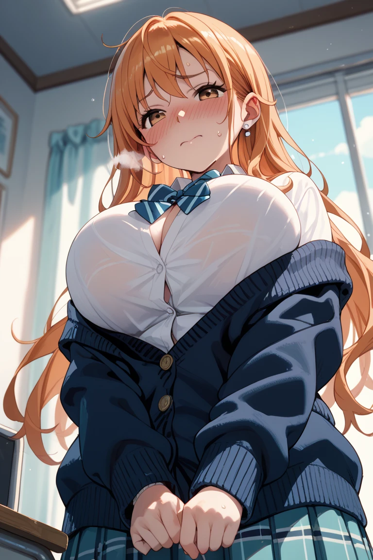 ((Highest quality)), ((masterpiece)), (detailed), woman,Age 25,(White knitted sweater),(mini skirt),Shoulder Bare,Big Breasts,blush,Underbust,(Her cleavage is visible),(Excited expression),(Seduce),night,indoor,Remains,nightのRemains,Dim lighting,(In a dimly lit room),(In a messy room),Browsing Caution,sexy,dirty,Sweat,(Black knee-high socks),(Lift your chest with both hands),(Sticking out tongue),(The mouth becomes white and dirty),