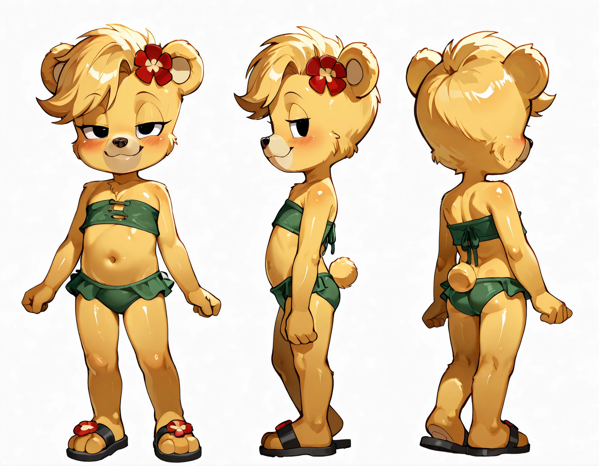 score_9, score_8_up, score_7_up, (masterpiece, best quality, very aesthetic, absurdres, source furry, shaded, 1girl, bear, furry female, Sunni Gummi, young, black eyes, smile, blush, blonde hair, messy bangs, bear features, bear ears, bear tail, yellow body fur, red animal nose, ((flower on hair, green bundeau strapless frilly bikini, sandals)), white background, simple background, sassy face, anime style, glistering body, navel, shiny body, oily skin, sexy, adorable, skinny, narrowed eyes, (very skinny:1.0), (Small, Short:1.1), (young cub:1.2), full body, feets with three toes, presenting front, epic portrait, :3, ((no niples)), sfw, angry, smile, standing, character ref, multiple views, frontal view, side view, back view,
