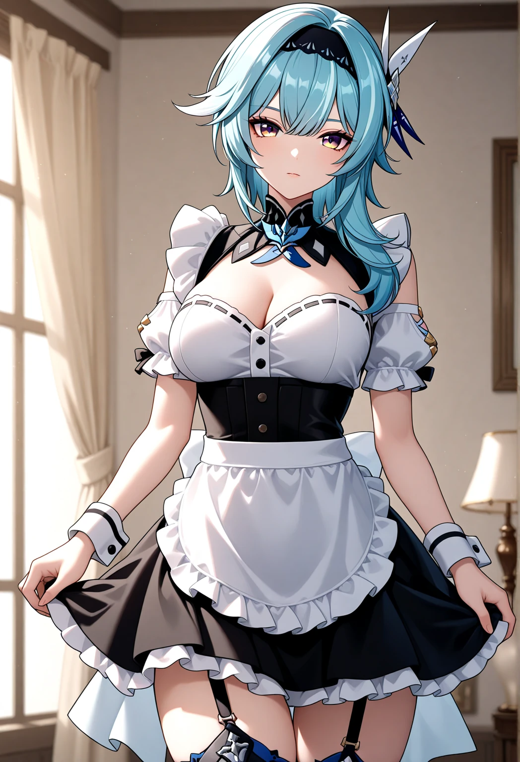 (Original character、Обои Unity 16K, Masterpiece, Best Quality, Ultra-detailed, extremely detailed CGI, caustics, Cinematic lighting, Detailed, beautiful detail eyes, 独奏,sexy women), extra high resolution, fine skin, ((maiden, maid apron, maid headdress,)), (strong light)、oilly skin,Kirby:1.2,Cowboy shot,sexy women, (blunt bangs: 1.5), above the chest:1.2, Little Devil's Face,large breasts, Hair,Accentuate the rib cage