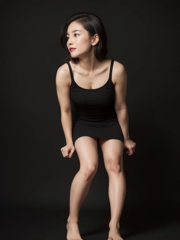 (in 8K、Raw photography、best qualtiy、​masterpiece:1.2)、High-definition raw color photos、professional photograpy、(realisitic、Photo Real:1.37)、((best qualtiy))、Cinematic Light、(Face of detail:1.2)、(​masterpiece:1.5)、(best qualtiy:1.2)、Beautuful Women、Beautiful skin、reluvy5213, Korean Girl, Height 165 cm, Gorgeous young Korean woman, Woman looking down、20yr old、Woman with black hair in black mini skirt, Girl standing looking down, Woman Looking At Floor、Woman bowing her head、Woman bowing、A smile、White photography studio、white walls、Peek、Look at your feet、See below、View Floors