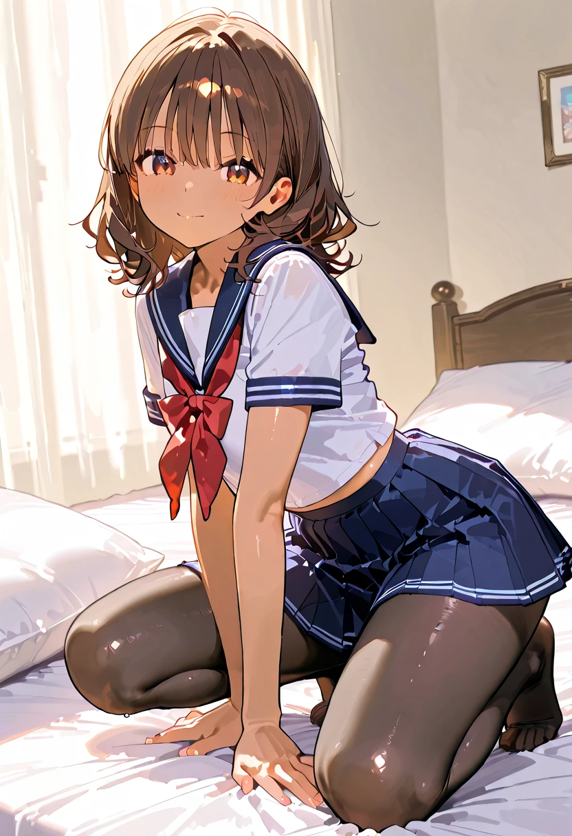 Highest quality masterpiece High resolution masterpiece Brown Bob Grey Eyes, high pony tail cut, wearing sailor uniform, seductive smile, tight, sit, bedroom, midriff peek, mature female, adjusting hair