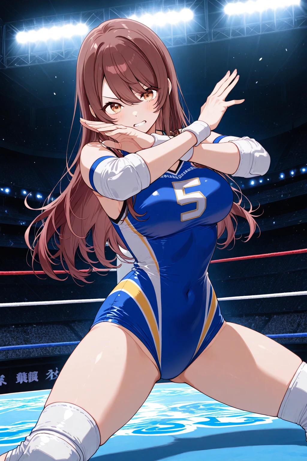 masterpiece、highest quality、High resolution、Very detailed、Medium wide shot、Girl、leotard、Colorful Costumes、Professional wrestler、Women's Pro Wrestling、Hands on hips、laughing、V-shaped eyebrows、Sweating profusely、Sweat flying、
