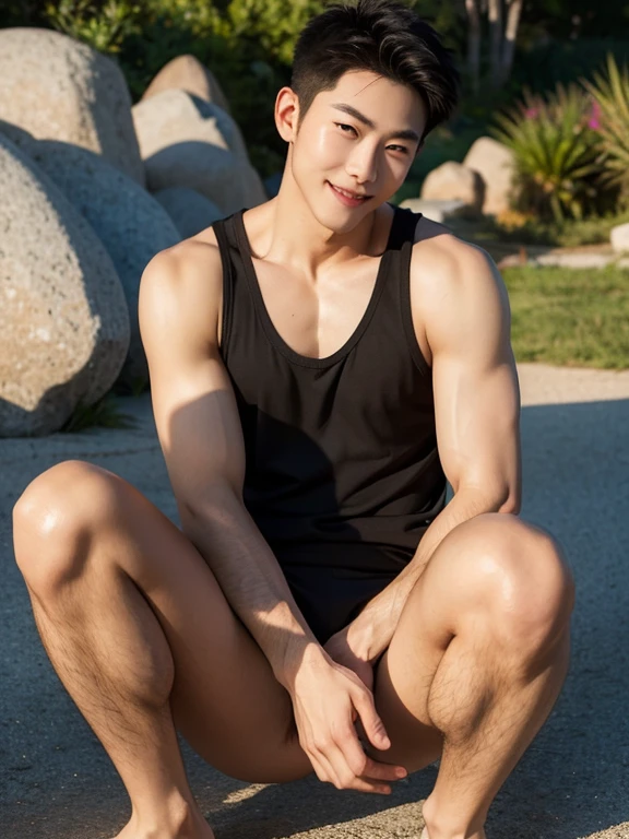((masterpiece)), best quality, (8K, best quality, masterpiece: 1.2), Extremely detailed, A man wearing thong underwear and bare feet sits on the park board,Drinking coffee.