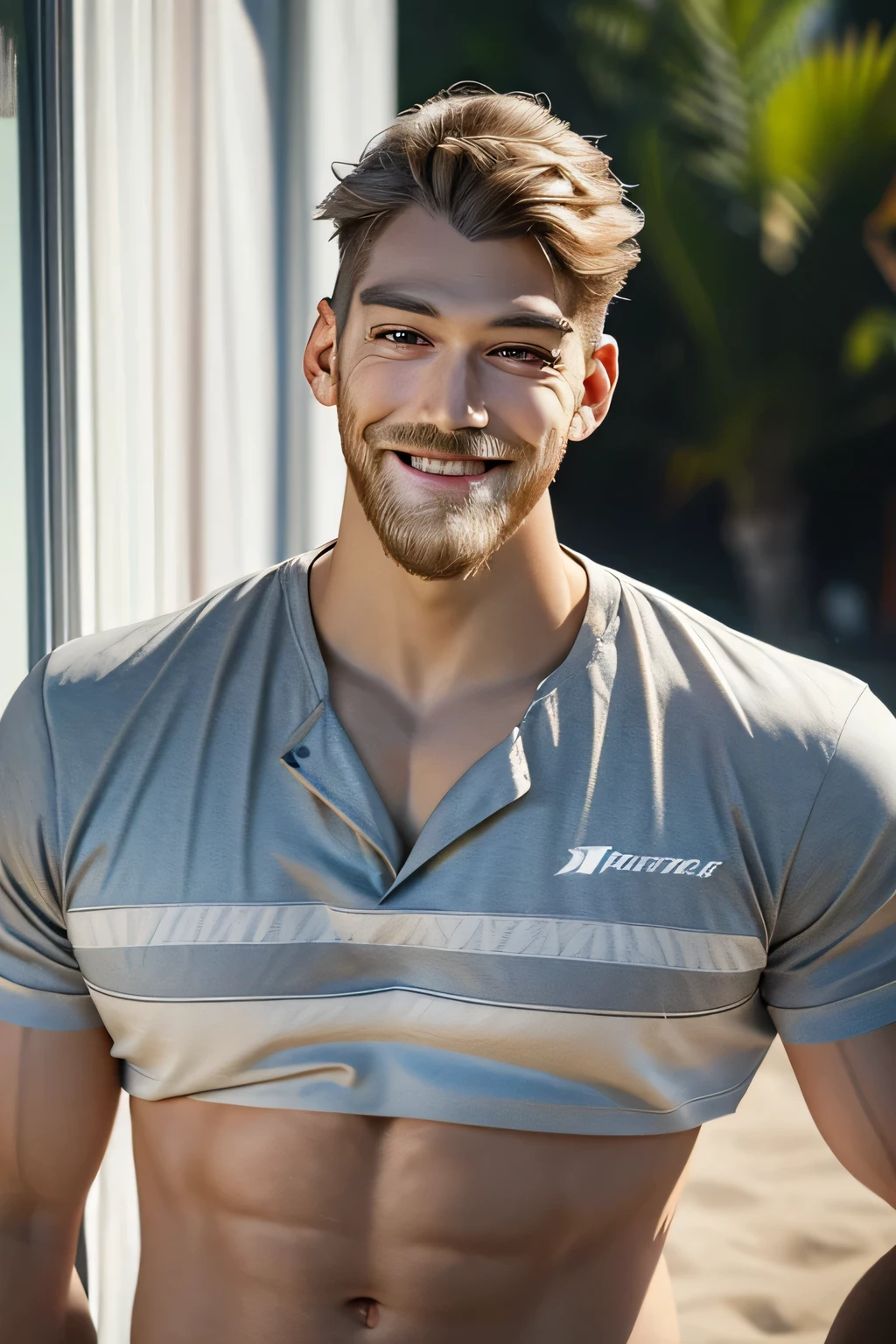 a cute brazilian boy, detailed facial features, beautiful eyes, lush lips, long eyelashes, curly brown hair, warm smile, relaxed expression, white shirt, jeans, barefoot, surrounded by lush tropical foliage, golden hour lighting, highly detailed, photorealistic, 8k, vivid colors, cinematic composition