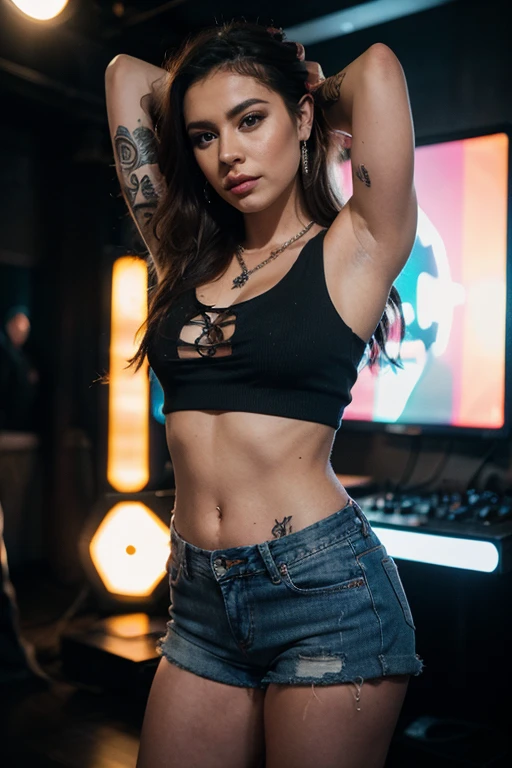 (best quality,4k,8k,highres,masterpiece:1.2),ultra-detailed,(realistic,photorealistic,photo-realistic:1.37),heavy metal,biker chick with chains and spikes,ferocious expression,powerful female rock star,leather jacket,studded belt,ripped jeans,combat boots,smoky eye makeup,messy hair,electric guitar,skulls and bones,grungy background,concert stage lights,energetic performance,vivid colors,chaotic atmosphere