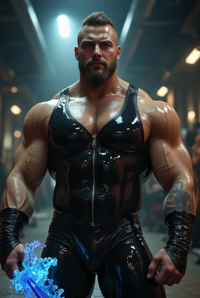 (masterpiece, intricately detailed, highest resolution, best quality:1.2),a cocky Russian hunk, a 80 y.o muscle dad with a muscular physique sitting on a chair with black eyes,fair-skinned male, bald head, huge beard, mutton- chops,flaccid penis,saggy balls, ((wearing a captainAmerica uniform inspired catsuit)), ((excessive cum:1.2)), ((cum on body:1.2)), cum drip, hairy chest,vascular,muscle striations,soft light,fantastic realism,