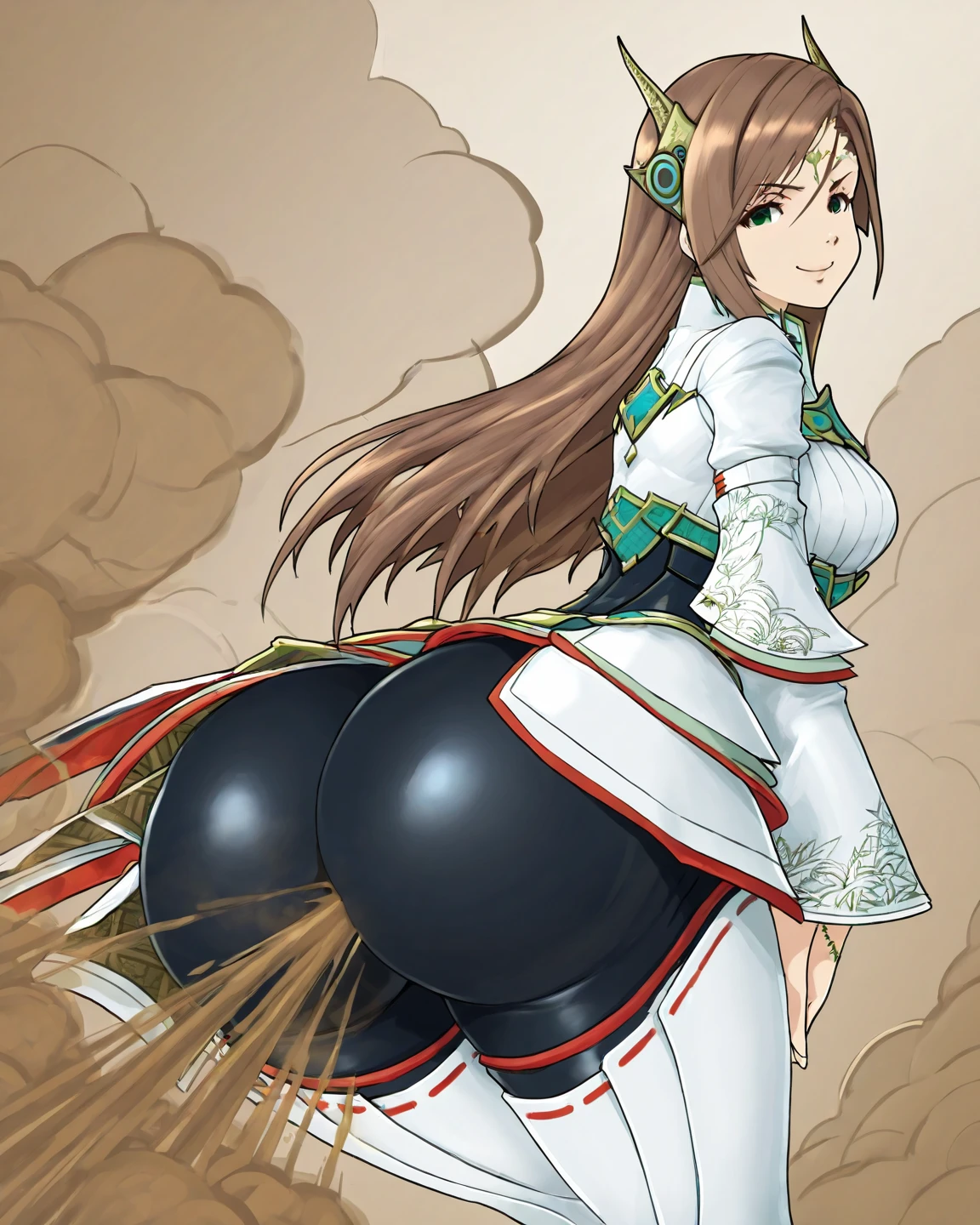 alexandria, green eyes, short hair/long hair, hair ornament/no headwear, circlet
xenoblade, long sleeve shirt, thigh boots, leggings, waist cape, breastplate, bracelet, smile,  visible from front, , looking at viewer, (((big ))) ((())), (((brown  cloud coming out of ))),