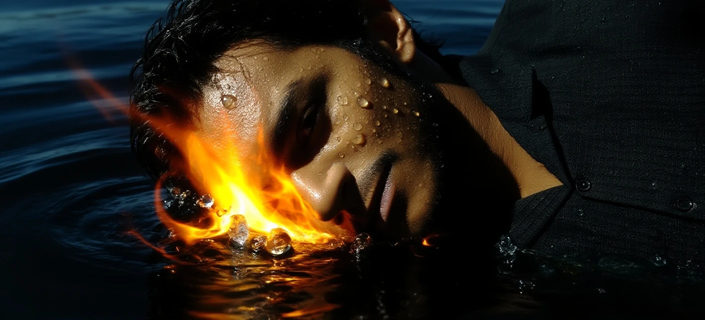 man in fire running on water