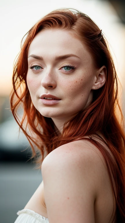 (editorial photo of 28 yo woman, ginger hair, slim American sweetheart), (freckles:0.8), (lips parted), (big boobs), realistic green eyes, POV, realistic[:, (film grain, 25mm, f/1.2, dof, bokeh, beautiful symmetrical face, natural light on face and body, realistic face, natural face detail, perfect sparkling eyes, well defined pupils, high contrast eyes, long hair, ultra detailed skin, skin pores, fabric stitching, fabric texture, wood grain, stone texture, finely detailed features:1):0.9] , Masterpiece, (texture de la peau:1.1), Best quality,ultra detailed,ultra highres, raw photo, 8K UHD, Nikon D850, backlight, rimlight, sun light, grain du film:1.2, (teinte chaude, ton chaud:1.2), (photo couleur), with sport car, natural light on car