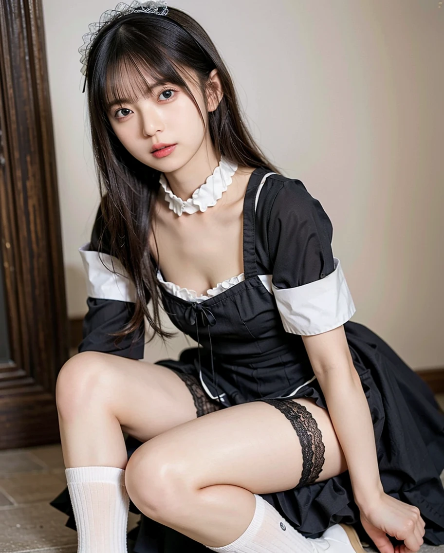 White Room、Black gothic maid with slit、(Highest quality)、((Very detailed))、4K、(8k)、masterpiece、Very detailedな、Highest quality、Super Resolution、1 person、Kind Face、Soft Light、RAW quality、Soft Skin、163cm、28 years old、Show off your thighs、Textured skin