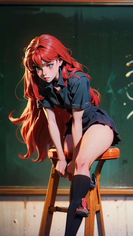 ((masterpiece, best quality)),(complex lighting), solo, full body, 1girl, Susan test, labcoat, blue eyes, glasses, red hair, long hair,pastel blue shirt, star-shaped hair clip,white socks, black skirt, Mary Jane shoes, square glasses concert, spotlight, bed, turned around, bent over, presenting rrear, top down bottom up
