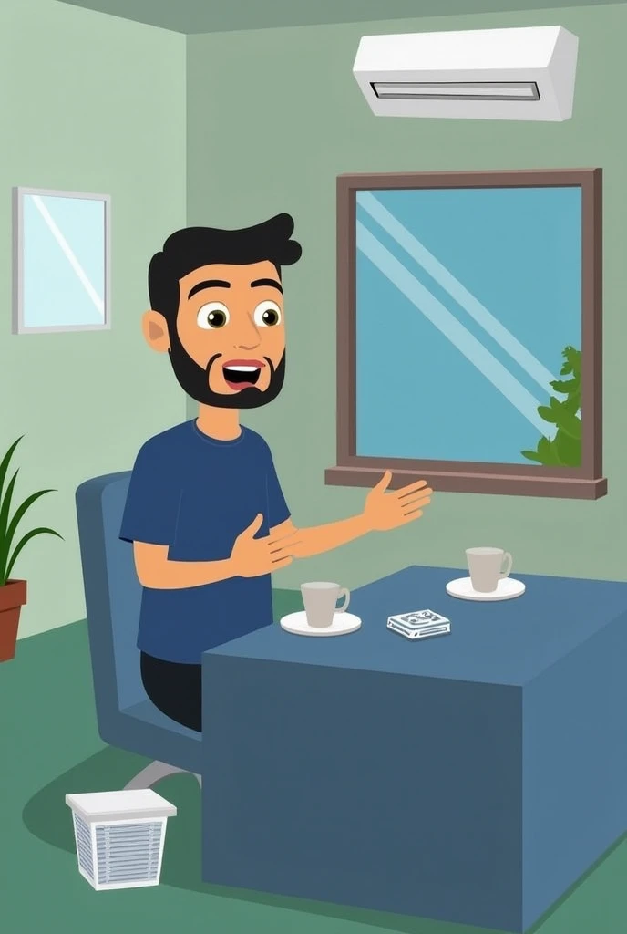 A short-haired man falls from his chair in a room full of paintings and looks at the camera