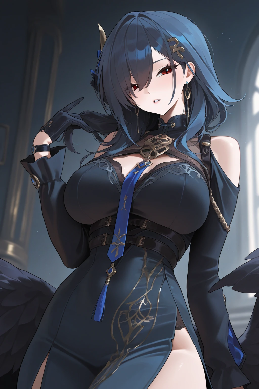 An adult woman, half wolf and dragon, black hair, black wolf ears, black dragon tail, blue eyes, has a collar with a little golden heart, very shy, wide breasts, black and purple dress