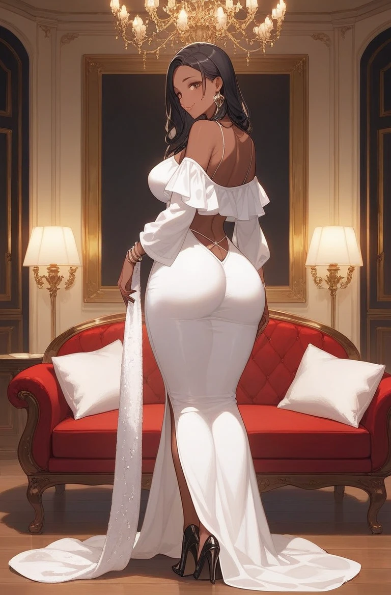 POV: ((((Super huge gigantic ass, dark african skin))) very long luxurious curly black hair, skinny, slim thick, small waist, 8k, UHD, (curvy accentuated and lifted booty, arching her back in a sexy seductive slutty pose), luxurious bedroom background  