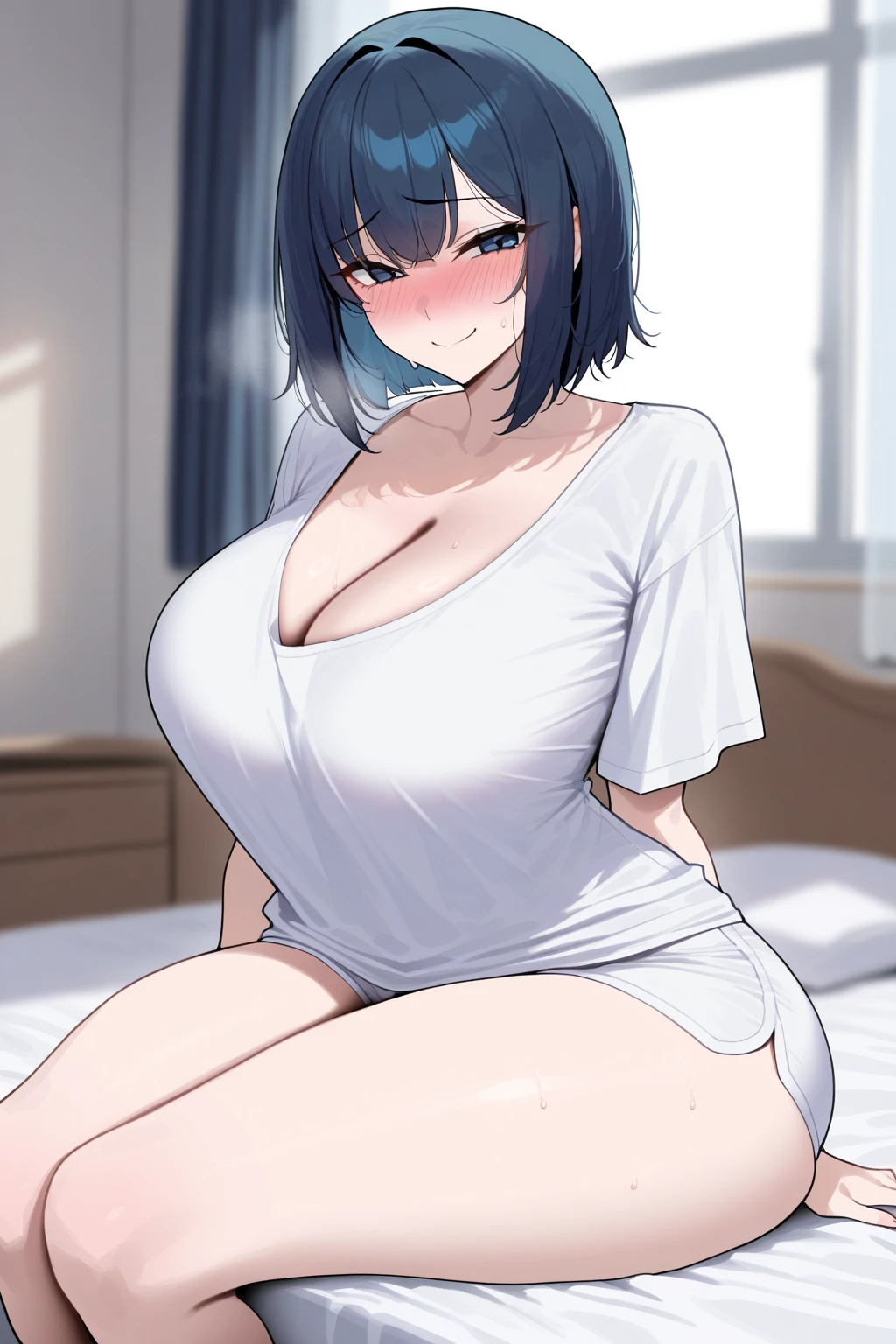 Cool beauty，Looks sweet，bob haistyle, (wearing white oversize t-shirt, off-shoulders), show clavage, show big thigh, plump body, huge breast, full body photo, sitting on the bed. Dark background.