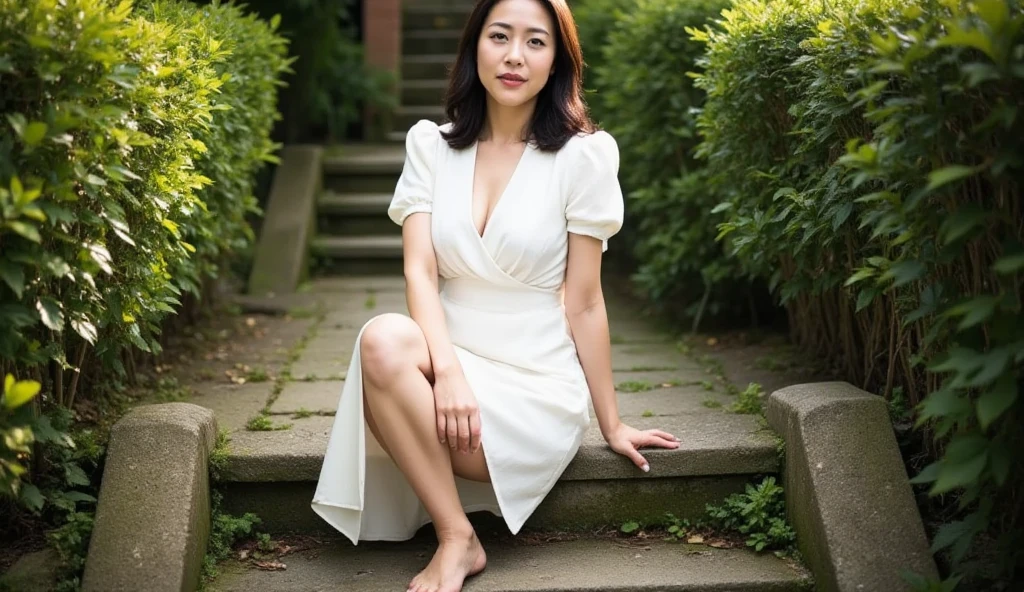 A beautiful 40-year-old woman wearing a snug-fitting light purple knit one-piece dress with a plunging neckline. up skirt. japan braless. lie on the grass
by the Cherry tree. smile