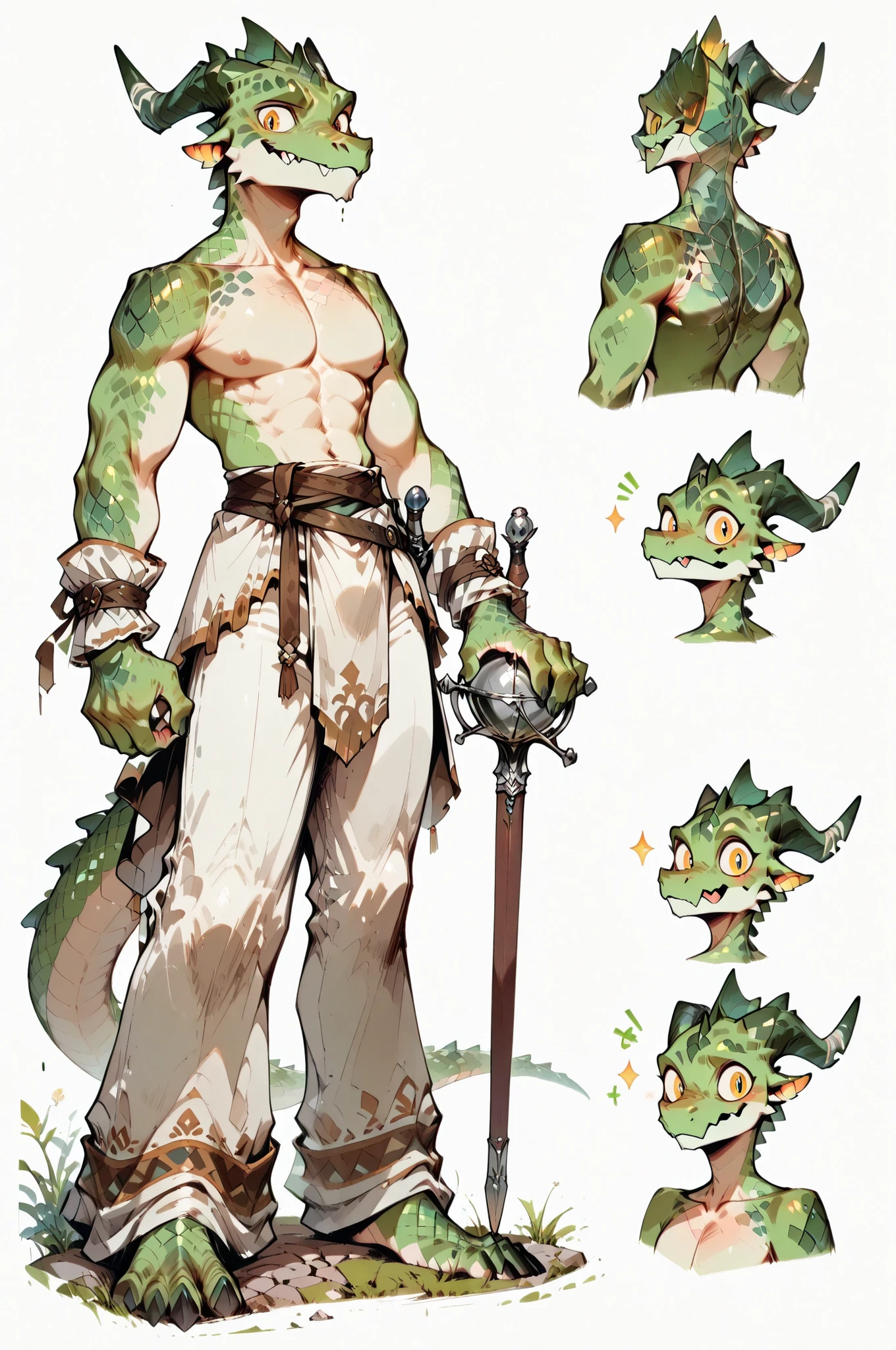 ( solo male, green skin, green scales, (((Kobold)), (detailed kobold)) wearing a adventure equipament, bard clothes, topless ,character design, a rapier in his hands