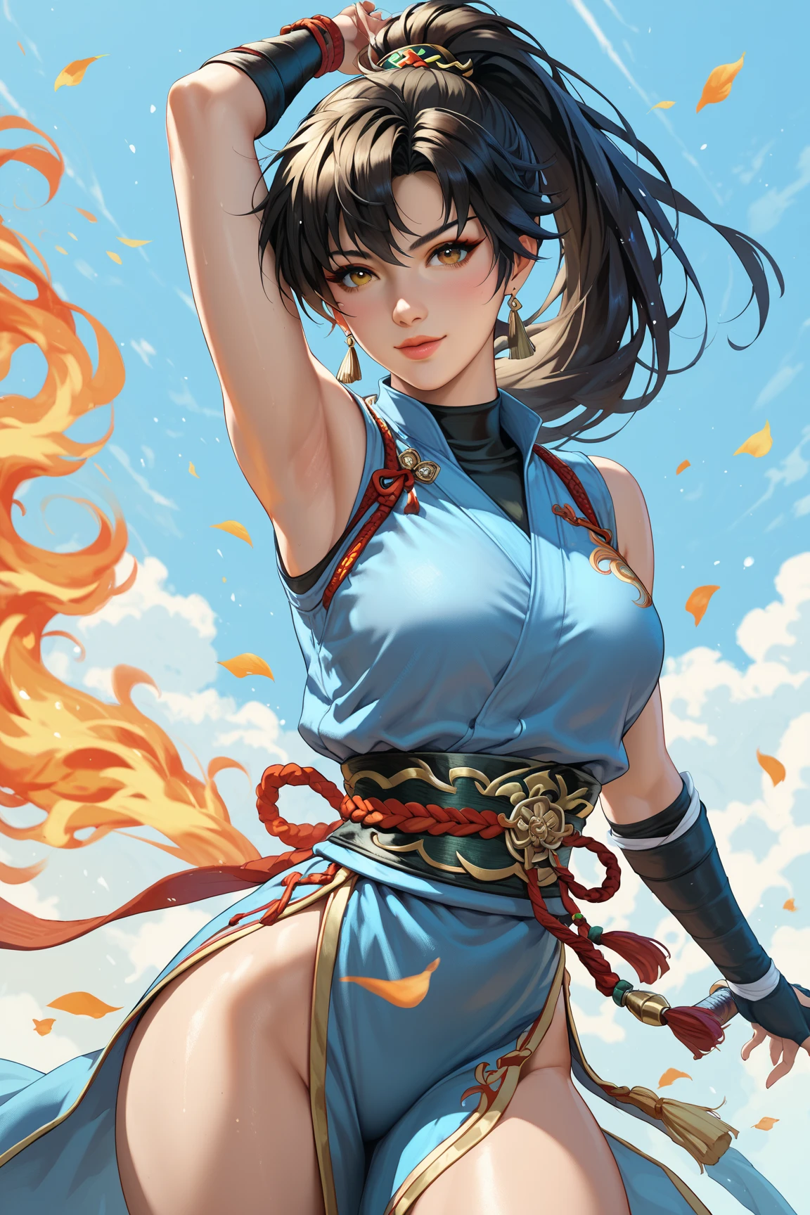 A young girl, with flames for hair, she's a model, she's wearing a fashion dress, she's 15, her eyes are orange, Her hair is on fire, her hair is shivering flames, just like lina in dota 2, fire, her hair is pure fire, she is black, has dark skin, fix the eyes, focus on the detailed eyes, well-made eyes