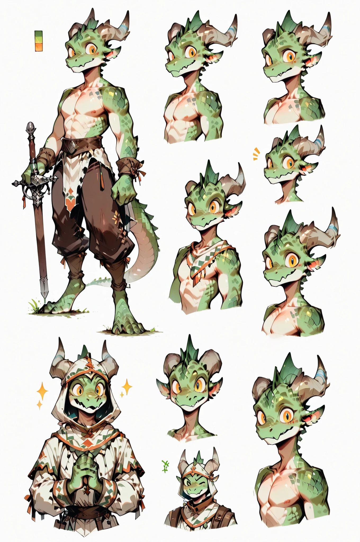 ( solo male, green skin, green scales, (((Kobold)), (detailed kobold)) wearing a adventure equipament, bard clothes, topless ,character design, a rapier in his hands