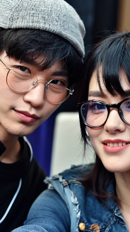 masterpiece, anime, cute, romantic, highest quality, 2 others, Couple, mature, Adult, Height difference, Different Fashion, Different colors, Casual clothing, Long sleeve, smile, Happy, like, Swirling Wind, blue sky, Long-haired men, Light brown haired man, Black-haired woman, Woman with long hair, Woman wearing glasses, city, waterfall  
