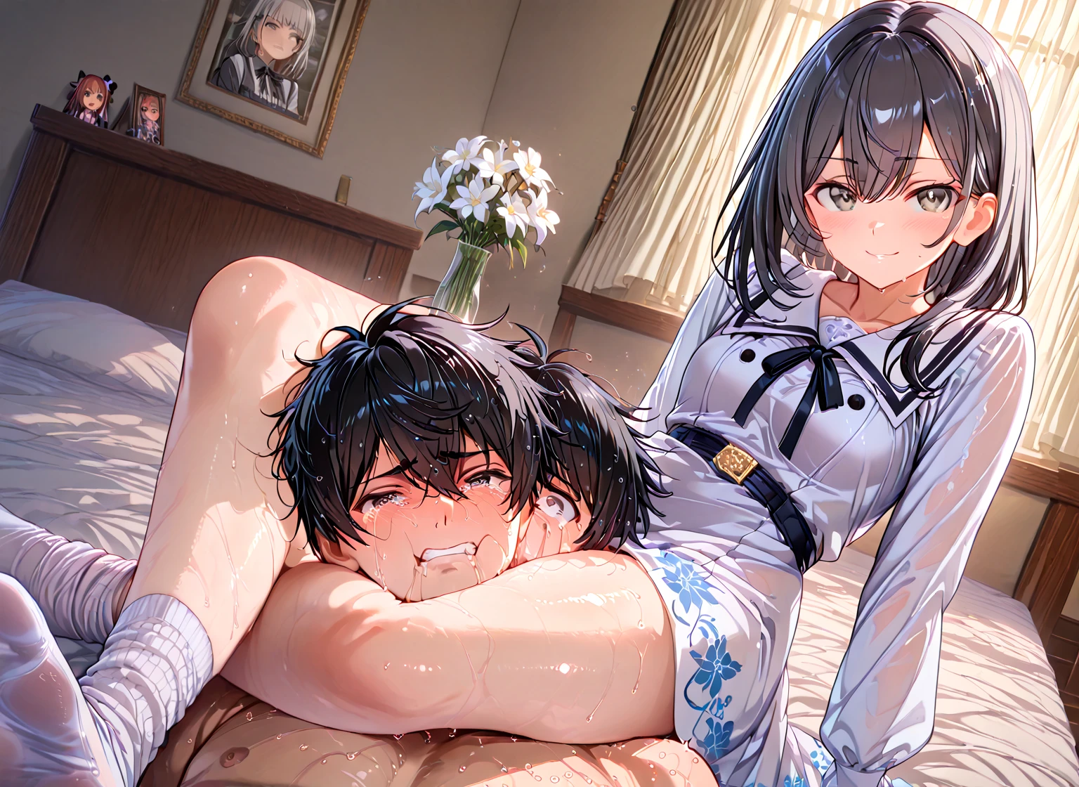 source_anime, rating_explicit, score_9, score_8_up, score_7_up, 1boy, femboy, portrait, indoors, medium length hair, laying on side, brown skinned femboy, hair over eyes, ((brown skin)), messy hair, ikuchan, black hair, masterpiece, high-quality, small penis, BREAK, 1boy, muscular, white skinned, light skinned male, dominant light skinned male, sex, anal, doggstyle, large white male, ((size difference)), huge penis