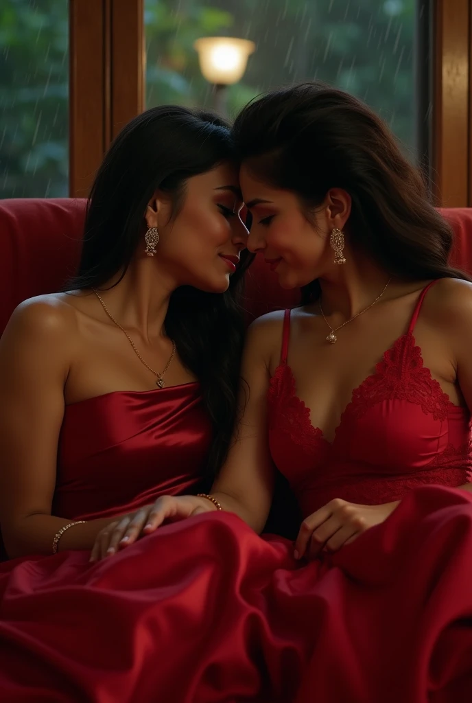 Create a realistic photograph of a smiling and beautiful indian actress in red jacket carrying a large man on her shoulders in a room, man is sitting on top of her shoulders