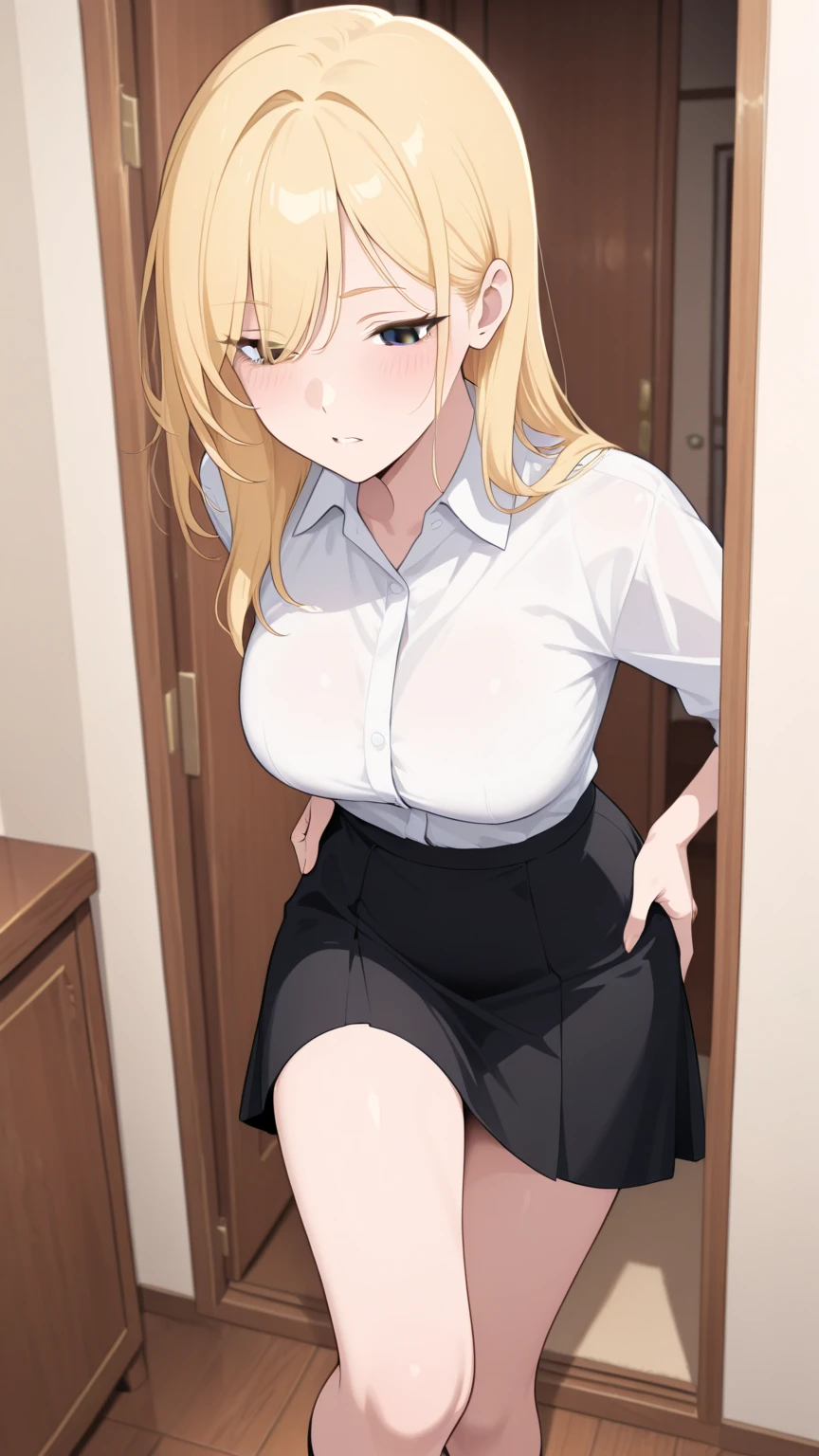 samus aran, facing viewer, ponytail, large breasts, hair tie, black suit, black business outfit, necktie, (long pencil skirt:1.5), pantyhose, (standing straight:1.5), peeing herself, (wetting herself:1.5), very large peeing stain, huge pee stain, best quality, ultra-detailed, HDR, studio lighting, professional, vivid colors, sharp focus, physiologically-based rendering, bokeh, landscape, soft lighting, dynamic shadows, (hands on hips:2.0), embarrassed, humiliation, blushing, angry, tears, (desert:1.5), (sand:1.5), rocks, (canyon:1.5), (day:1.5), (daytime:1.5)