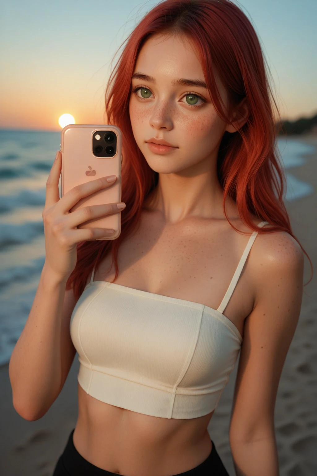 ultra realistic, photography, long red hair, girl, 24 years old, (From a straight above), female is standing on the beach at the shore in the water taking a selfie with her iphone, her eyes gazing up toward the phone. She exuded confidence and elegance, with every aspect of her appearance meticulously styled. Her face was adorned with flawless makeup—mascara, eyeliner, and striking eye shadow that enhanced her captivating gaze. Long, fluttering lashes added a touch of allure. bright eyes, cleavage Her ears shimmered with elegant earrings, complementing her stylish hairstyle, which was expertly arranged to showcase her beauty. The teacher's attire exuded professionalism and sophistication, while still maintaining a touch of glamour. She wore a sexy bikini. The scene unfolded on a beach at the shore in the water, creating a contrast between the glamorous teacher and her surroundings. Despite the unconventional location, her presence exuded confidence and a sense of authority. From this birds-eye perspective, she appeared as a beacon of knowledge, ready to impart wisdom and inspire her students with her undeniable grace and beauty. beautiful detailed nose, beautiful detailed thigh, (beautiful detailed eyes), (complete perfect body), abs, perfect body proportion, (looking at iphone)