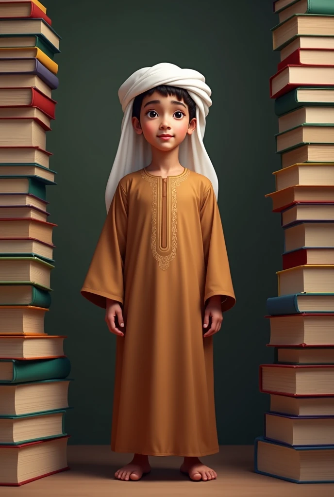 Black boy with short curly hair wearing a beige tunic with gold details and a book in his hand