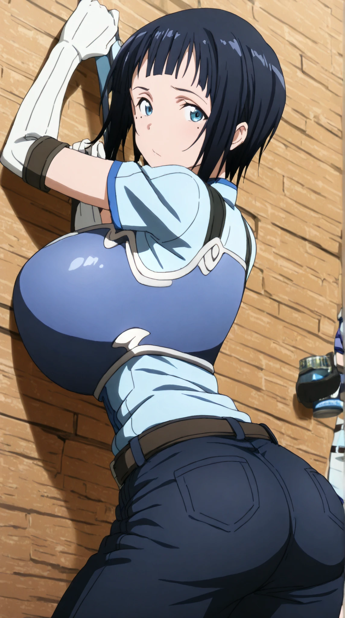 score_9, score_8_up, score_7_up, source_cartoon BREAK 1girl, karyl \(princess connect!\), animal ears, multicolored hair, black hair, streaked hair, animal ear fluff, green eyes, white hair, walking side by side, serafuku, white shirt, sleeveless, microbikini, tied shirt, navel, midriff, elbow gloves, short shorts, pubic hair, thighhighs, blush, seductive, half-closed eyes, ass, straps, rating_explicit, looking at viewer, netorare, cheating wife, cheating (relationship), skindentation, from side, hand on another's breast, 1boy, faceless male, size difference, male face out of frame, side view, profile, walking,