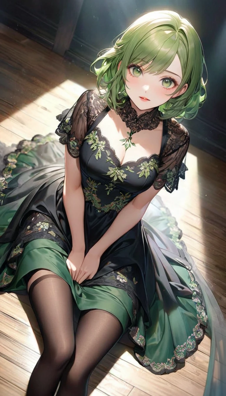 Detailed face, Fine grain, Dutch Angle, Perfect hands, from the front, One girl, teenager, Young girl, Teenage Girl, 15 years old, Small BreastsOne girl, Adult, Mature Woman, Average chest, Browsing Caution, lingerie, Avatar (series), CHAR-F Avatarseries トフ・ベイフォン シュリク作, (Brown Hair:1.2), , Poor Complex (green:1.5) Night dress, , (Long frilly elbow gloves, Lace knee socks, High heels:1.15), (Updo:1.3), Embarrassing, tears, Sitting, wave hands, On the snowy coast