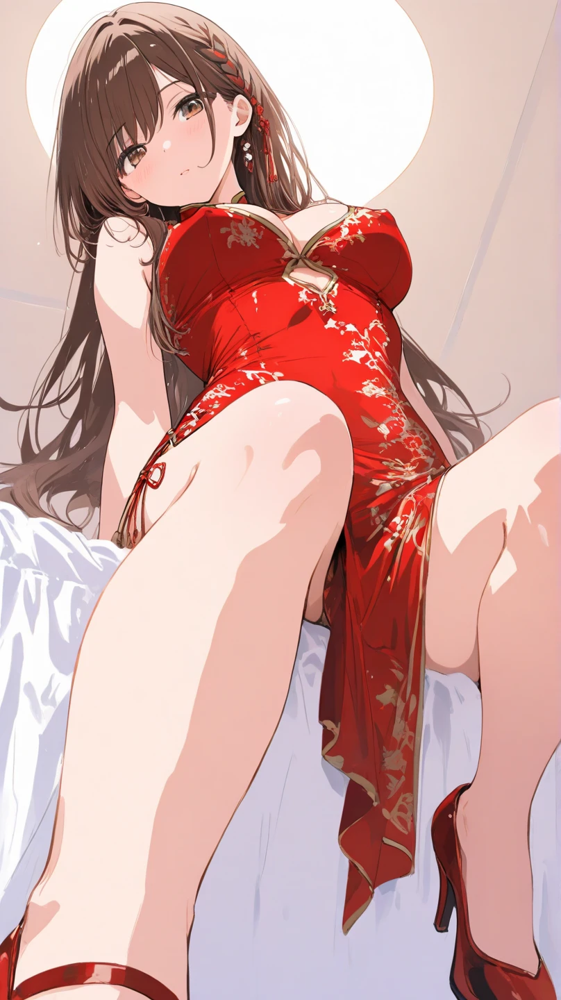 A tragic historical drama in 8k live-action style: Beautiful palace secrets　Beautiful 10 year old Chinese Kung Fu girl with long black hair has very rough unwanted sex with old man emperor　Gorgeous embroidery, Ultra glossy, She is wearing a shiny red top and bottom long sleeve floral pajama kung fu suit....　　She was laid down on a floral futon、The Emperor commits perverted acts