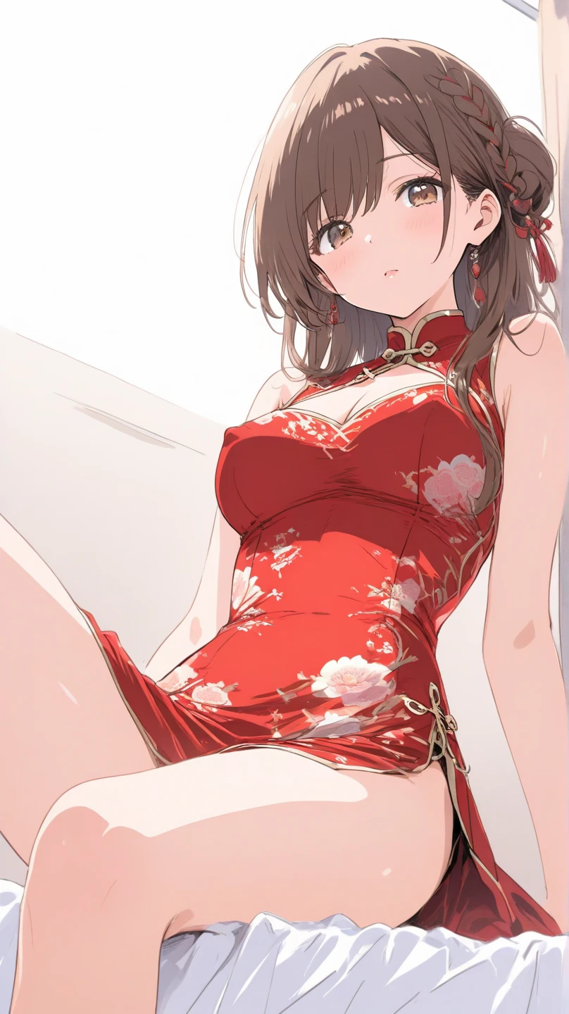 ((4K, master piece, Best Quality)), 1girl in, Light brown SHRT hair, Red Eyes, center parted hair, medium breasts, Cute, blush, China dress